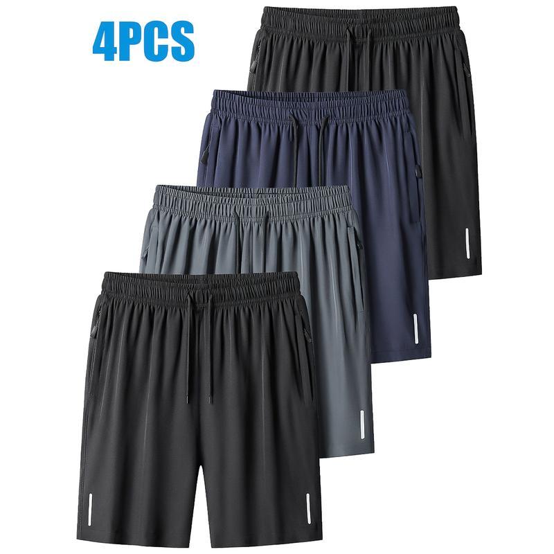 4 piezas Shorts deportivos casuales de verano para hombres, con bolsillos con cremallera - Tela transpirable, diseño atlético con bolsillo resguardado para teléfono y tira reflectante